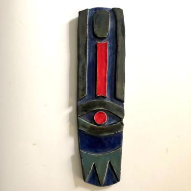 Unique hand built ceramic wall art plaque, red and blue abstract design 3” W x 11.675” H 