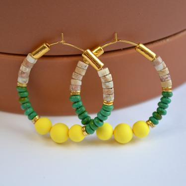 Lemon Lime Clay and Mixed Beaded Earrings, Gold Plated Hoops, Gift for Her 