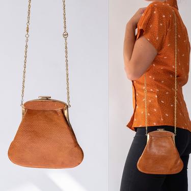 Vintage 40s C FIORI Tiger Orange Karung Snakeskin Leather Mini Crossbody Bag w/ Gold Logo Chain Strap | Evening Bag | 1940s Designer Purse 