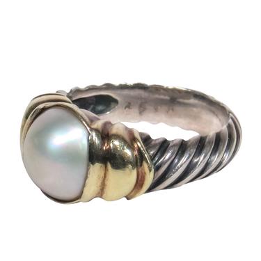 David Yurman - Sterling Silver & Gold Twist Textured Ring w/ Opal Pearl Sz 6.5