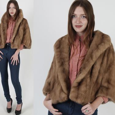 60s Natural Brown Mink Fur Capelet / 1960s Real Autumn Haze Mink Cape / Vintage Huge Draped Fur Shawl Collar / Womens Cropped Lined Shrug 