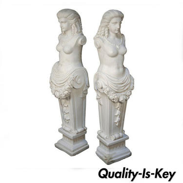 Hand-Carved Carrara Marble Classical Greek Woman Maiden Statues a Pair