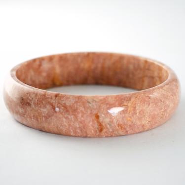 70's polished rhodochrosite heavy boho bangle, simple handsome marbled pink stone stacking hippie statement bracelet 