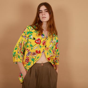 80s Yellow Flower Illustration Blouse Vintage Colorful Carnation Lily Top 