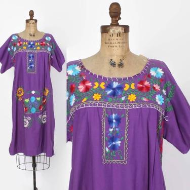 Vintage 70s MEXICAN DRESS / 1970s Oaxacan Purple Cotton Embroidered Hippie Ethnic Tent Dress OSFM by luckyvintageseattle