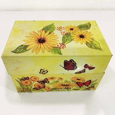 Vintage Metal Recipe Box Flowers Butterflies Floral 1970s Syndicate Manufacturing Co. Tin Made in USA Mid Century Recipes Phoenxville PA 