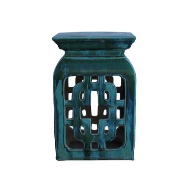 Chinese Green Blue Square Ru Yi Pattern Clay Ceramic Garden Stool ws777S