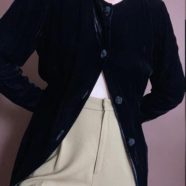 vintage black velvet knot button jacket / handmade velvet coat 