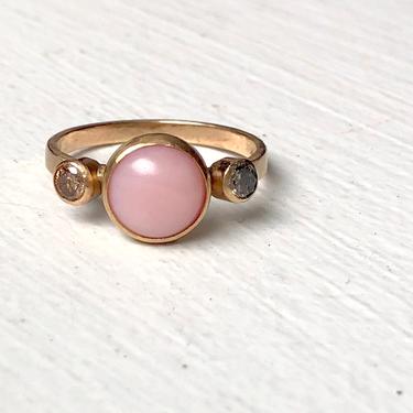 Pink Opal and Champagne Diamond Ring in 14k yellow gold handmade 