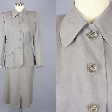 1940s Grey GABARDINE Suit | Vintage 40s Skirt Suit with AMAZING Buttons | xs 