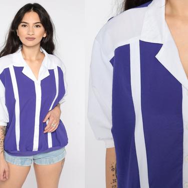 80s Striped Shirt -- White Purple Slouchy Shirt Button Up Shirt Retro Tee Vintage Slouch Short Sleeve Loose Large 