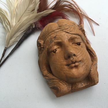 Vintage Young Woman Face Wall Hanging, Woman's Head, Resin With Faux Wood Grain, Wearing Headband, Pocahontas, Flapper, Nymph, Naiad 