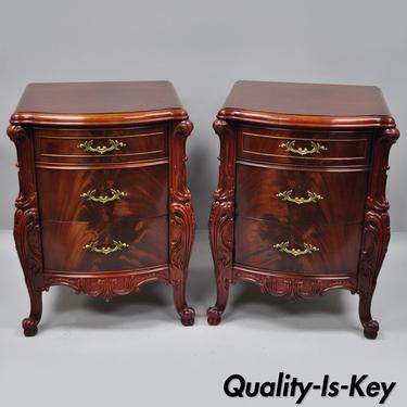 Pair Antique Flame Mahogany Carved French "Swan" Style Nightstands Bedside Table