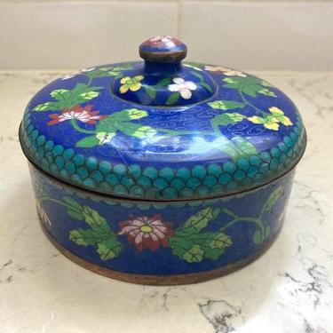 Vintage Chinese Cloisonne Enamel Round Blue Trinket Box with Red Yellow Pink Florals by LeChalet