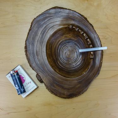 Vintage large 70s ashtray 12x10&amp;quot; wood log round for groovy rustic cabin decor, ceramic ash tray for boho or mid century man cave table decor 
