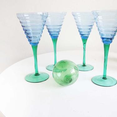 Vintage 80s Blue Wine Glasses Set 4 - Ripple Glassware - Light Blue Green Ridged Glasses - Vintage Colorful Drink Glasses - Dinner Party 