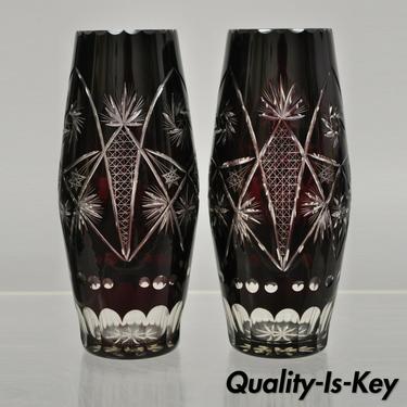 Pair Czech Cut to Clear Glass Cranberry Ruby Bohemian 10.5" Bud Vase