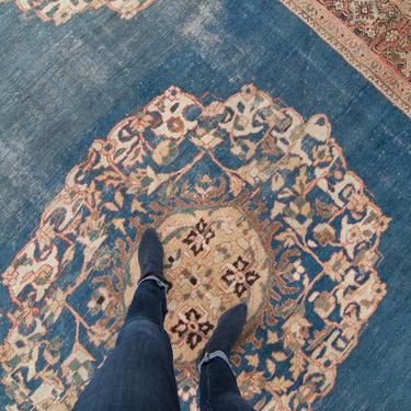 Antique 9'7&amp;quot; x 11'6&amp;quot; Large Blue Red Floral Medallion Hand Knotted Rug Wool Low Pile Rug 1920s - FREE DOMESTIC SHIPPING 