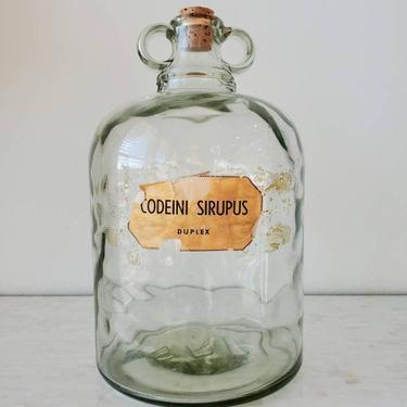 Large Early 20th Century Pharmaceutical Narcotic Codeine Medication Antique English Glass Bottle Apothecary Jar Double Finger Loop Handle 