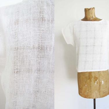Vintage White Cotton Boxy Top S - 1970s Textured Short Sleeve Cotton Blouse - Simple Cotton Top Open Weave - Natural Fiber 