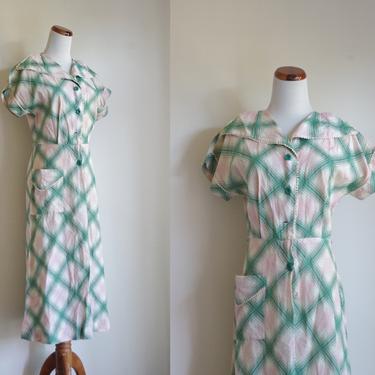 Vintage 40s 50s House Dress, Plaid Dress, Shirtwaist Dress, Rockabilly House Dress, Pink and Green Dress, Small Medium AS IS 