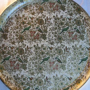 Vintage Mid Century Tray Chintz Serving Tray Round Paper Mache Tray Gold Floral Decoupage Tray French Country Serving Tray Birds Flowers 