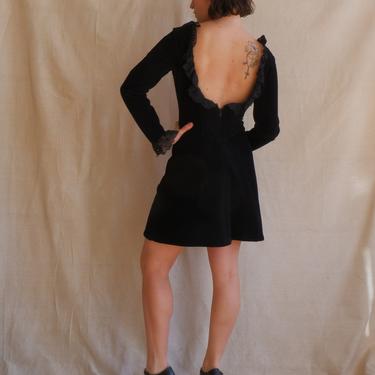 Vintage 70s Backless Black Ruffle Mini Dress/1970s Low Back Long Sleeve Mod Velour Dress/ Size Small Medium 