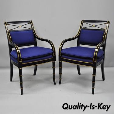 Pair Black &amp; Gold English Regency Style Arrow Back Armchairs Neoclassical Chair
