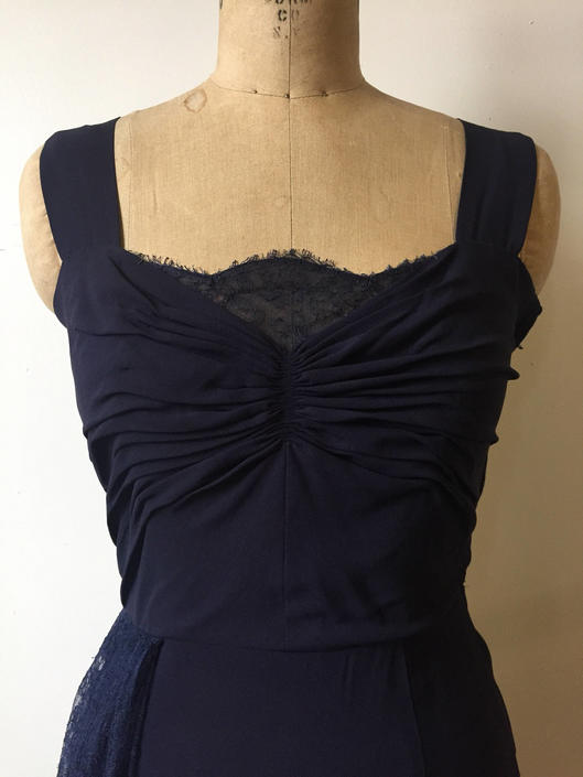 1940s Chiffon and Lace Navy Gown - AS IS 