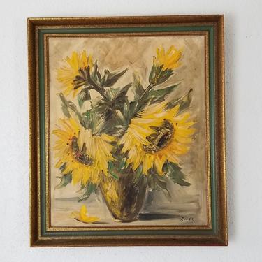 Austrian Artist Leo Ritter Still Life Sunflowers Oil on Canvas Painting . 