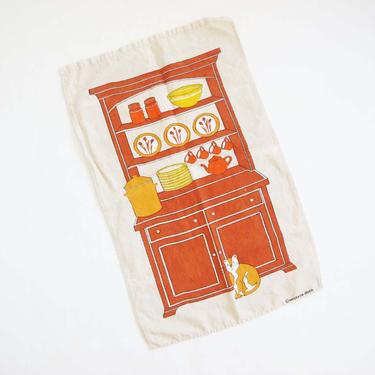 Vintage Cat Tea Towel - 1980s Stella Olsen Cat Linen Kitchen Towel - Orange Yellow Retro Kitchen - Shabby Chic Kitchen Decor 