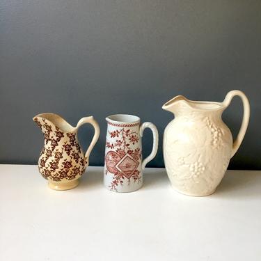 3 antique and vintage brown and white pitchers - cottage pottery collection 