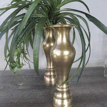 Vintage Brass Vase Set, Tall Brass Vases, turned brass, hollywood regency, skinny vase, solid brass decor, gold accessories, pair brass vase 