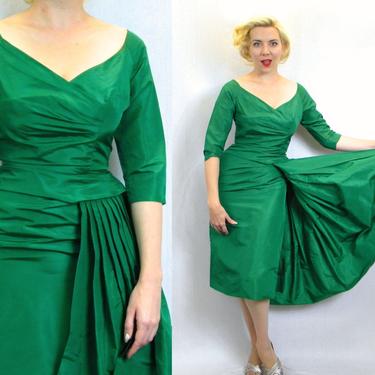 SOLD..Do Not Buy...1950s Green Silk Cocktail Dress  | Green Wiggle Pin Up Marilyn Dress | Small 