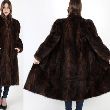 Womens Real Fur Dark Prown Mink Coat Vintage 80s Dark Full Length Feathered Mink Fur Coat Plush Natural Chevron Puff Sleeve Pockets Jacket 