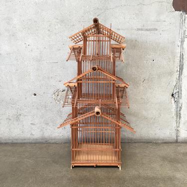 Vintage Handmade Wood Pagoda Style Bird Cage
