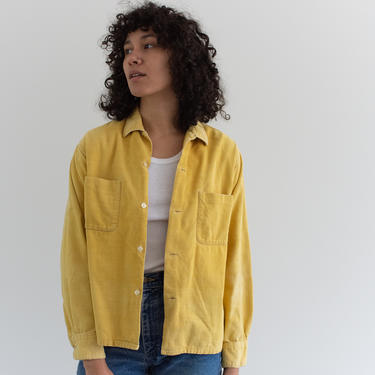 Vintage Yellow Corduroy Long Sleeve Loop Collar Shirt | 60s Simple Cotton Work Shirt | M | 