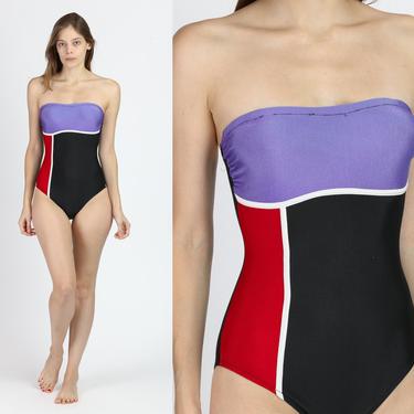 90s Color Block Strapless One Piece Swimsuit - Extra Small | Vintage Mondrian Retro Bathing Suit 