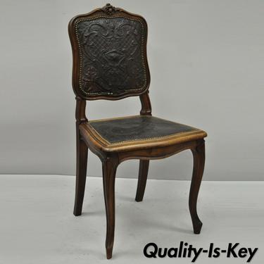 Antique French Louis XV Style Fancy Brown Embossed Leather Walnut Side Chair (C)