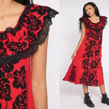 Red Hawaiian Dress Floral Sundress Off Shoulder Boho Dress 80s Bohemian Black Flounce Vintage Hippie 1980s Sleeveless Small S 