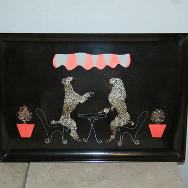 MCM Couroc of Monterey French Bistro Poodles Inlaid Serving Tray  ~ Couroc of Monterey Tray French Poodles Seated Having Wine / Coffee 