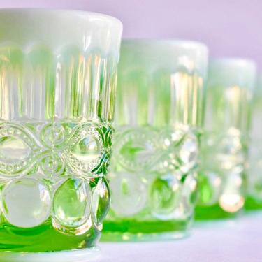 Vintage Green Opalescent Mosser Eyewinker Glassware | 1970s Light Green Lime | Set of 4 Juice Glasses | Vintage Mimosa Cocktail Pitcher 