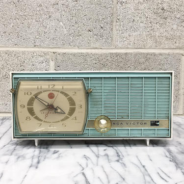 Vintage Clock Radio Retro 1950s RCA Victor + Model C-3HE +  AM Radio + Vacuum Tube + Tabletop + Turquoise and White + Jetsons + Home Decor 