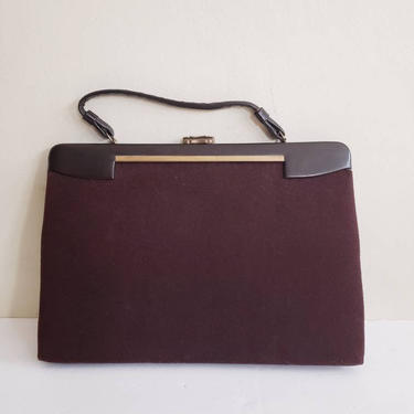 1940s Brown and Leather Handbag Lewis / 40s Hinged Pocketbook Square Modernist MCM Design / Shirley 