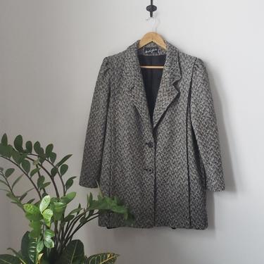 Vintage Tweed Coat, Vintage 80s Miss New Yorker Tweed Waist Coat, Black and White Size L/XL Coat 