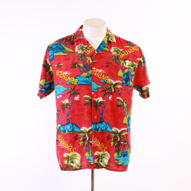 60s Men's Novelty HAWAIIAN SHIRT / 1960s Tropical BAHAMAS Palm Trees Huts Rayon Aloha Rockabilly Shirt 