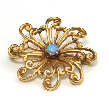 Vintage 10k Yellow Gold &amp; Opal Flower Spiral Pendant or Brooch 