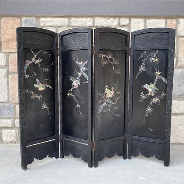Vintage 3’ High Folding 4-Panel Decorative Floor or Fireplace Screen, Chinoiserie Style with Birds, Florals, Inlaid Mother of Pearl 
