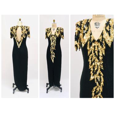 90s GLAM Vintage Black Gold Beaded Sequin Evening Gown Medium Large// 80s 90s Pageant Drag Queen Black Gold beaded Dress Gown Medium Large 