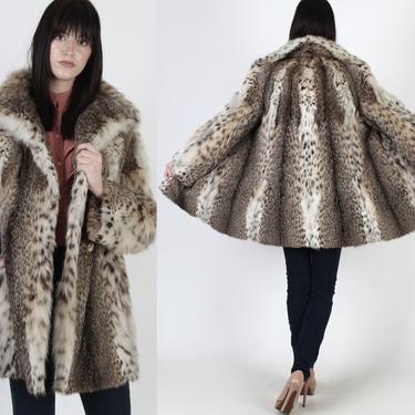 Mid Length Spotted Fox Coat / Genuine Real White Fur Jacket / Vintage 70s Womens Animal Print Jacket / Large Fur Back Under Roll Collar 